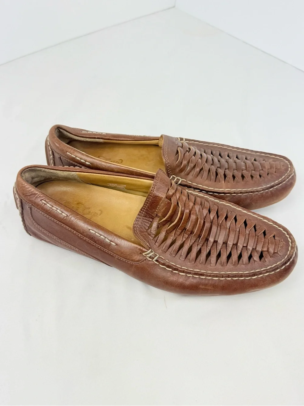 Speedy Gold Cup Brown Leather Woven Upper Slip On Classic Coastal Loafers